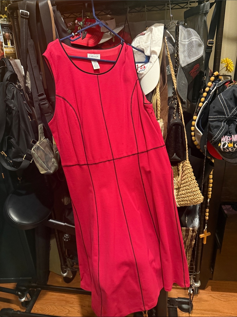 Carmen Marc Valvo Red Sleeveless Asymmetrical Dress with Black Piping